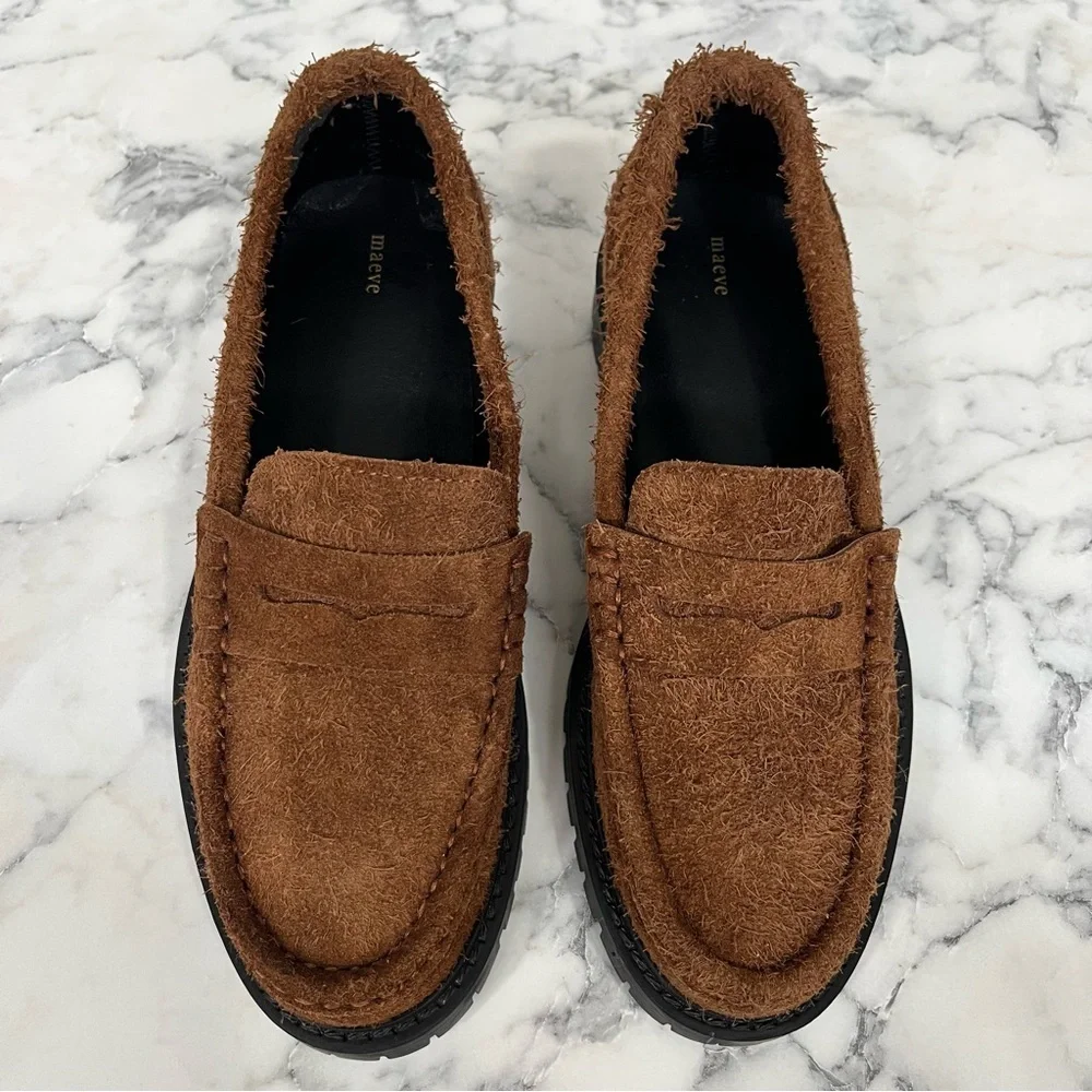Maeve Brown Lug Suede Loafers Textured Raw Leather Natural Furry Penny Chunky 38